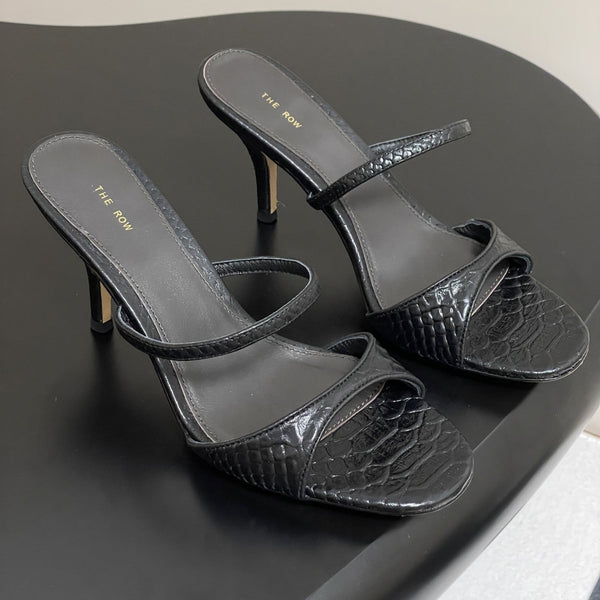 The Row 25S Strap High Heel Mule Sandals 85mm Black Snake Pattern Cowhide 286205