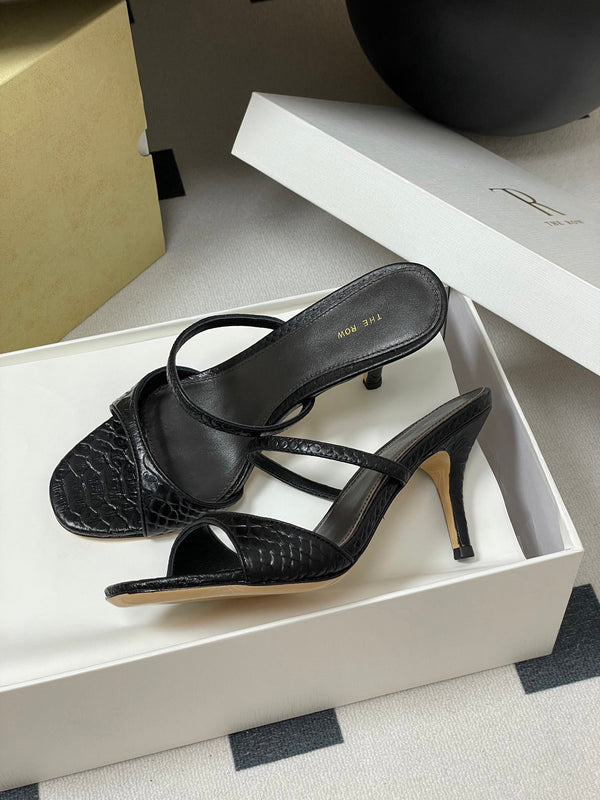 The Row 25S Strap High Heel Mule Sandals 85mm Black Snake Pattern Cowhide 286205