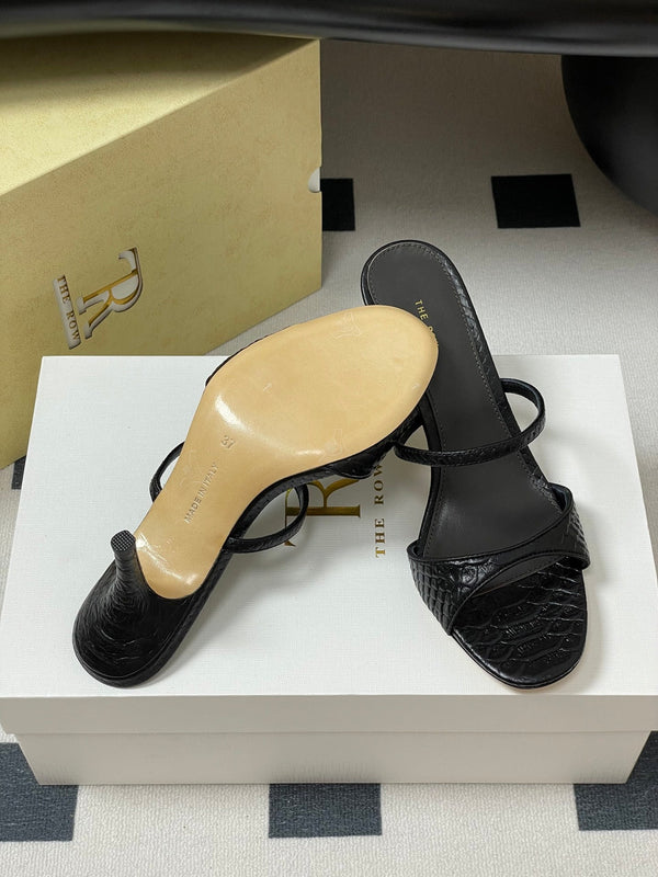 The Row 25S Strap High Heel Mule Sandals 85mm Black Snake Pattern Cowhide 286205