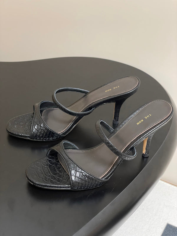 The Row 25S Strap High Heel Mule Sandals 85mm Black Snake Pattern Cowhide 286205