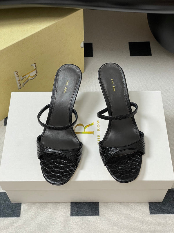 The Row 25S Strap High Heel Mule Sandals 85mm Black Snake Pattern Cowhide 286205