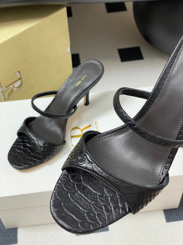 The Row 25S Strap High Heel Mule Sandals 85mm Black Snake Pattern Cowhide 286205