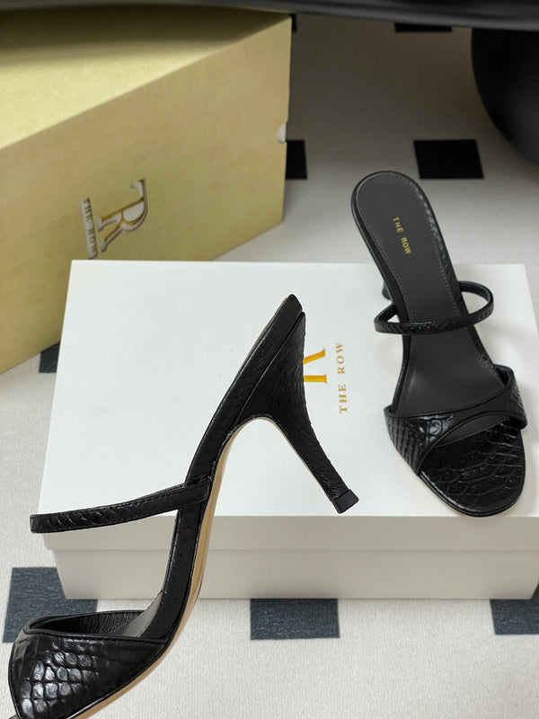 The Row 25S Strap High Heel Mule Sandals 85mm Black Snake Pattern Cowhide 286205