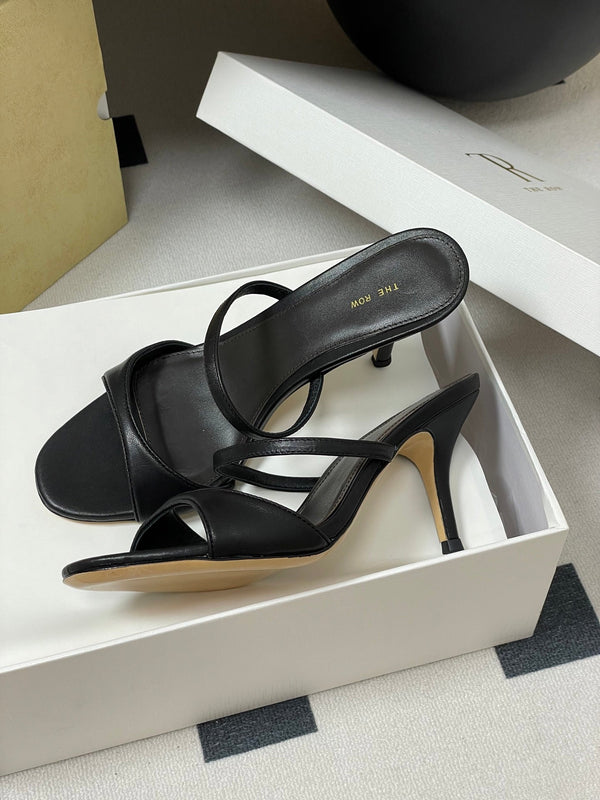 The Row 25S Strap High Heel Mule Sandals 85mm Black Sheepskin 286208