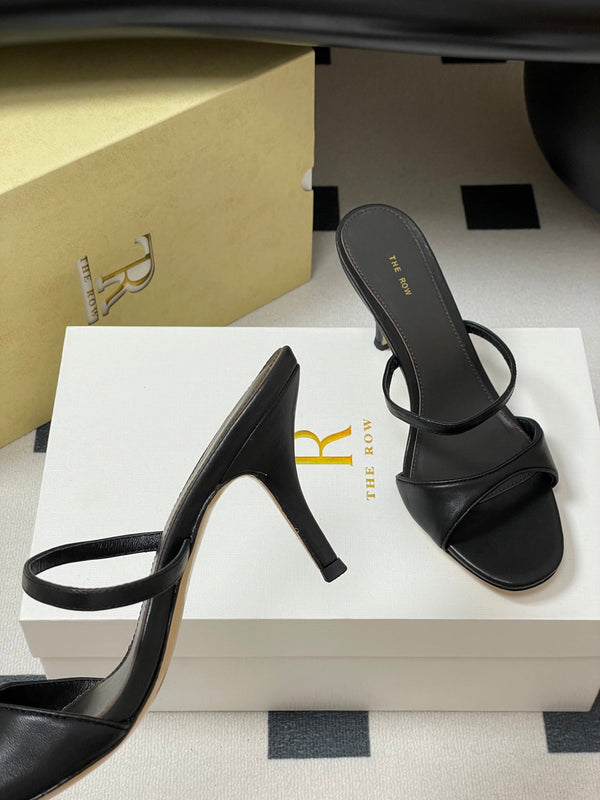 The Row 25S Strap High Heel Mule Sandals 85mm Black Sheepskin 286208