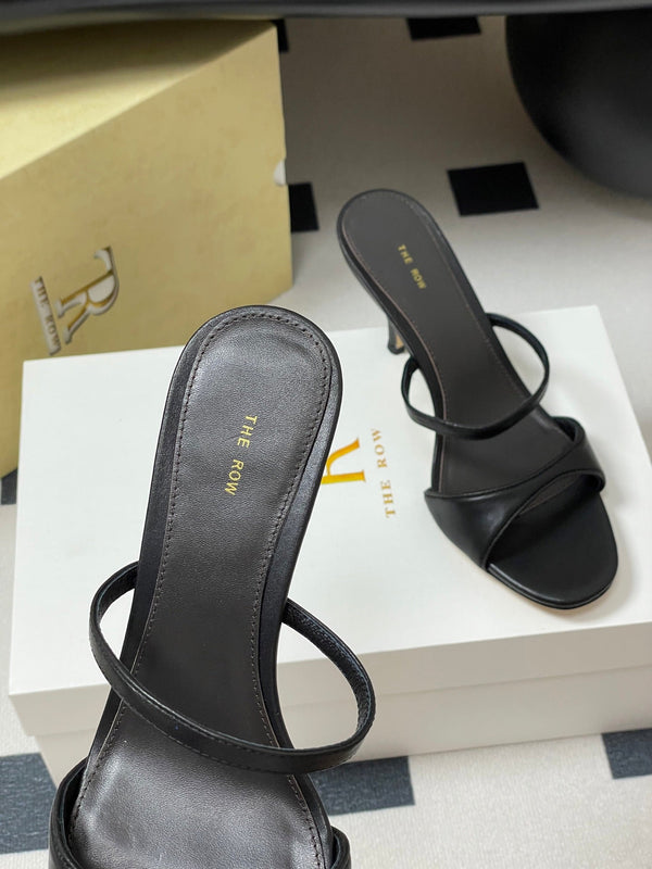 The Row 25S Strap High Heel Mule Sandals 85mm Black Sheepskin 286208