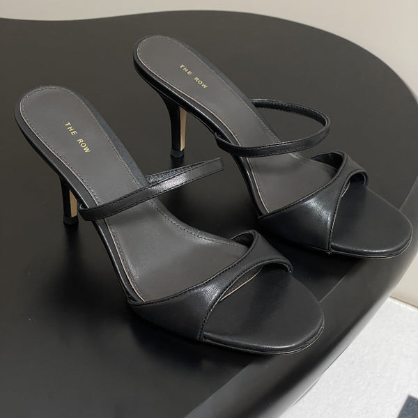 The Row 25S Strap High Heel Mule Sandals 85mm Black Sheepskin 286208