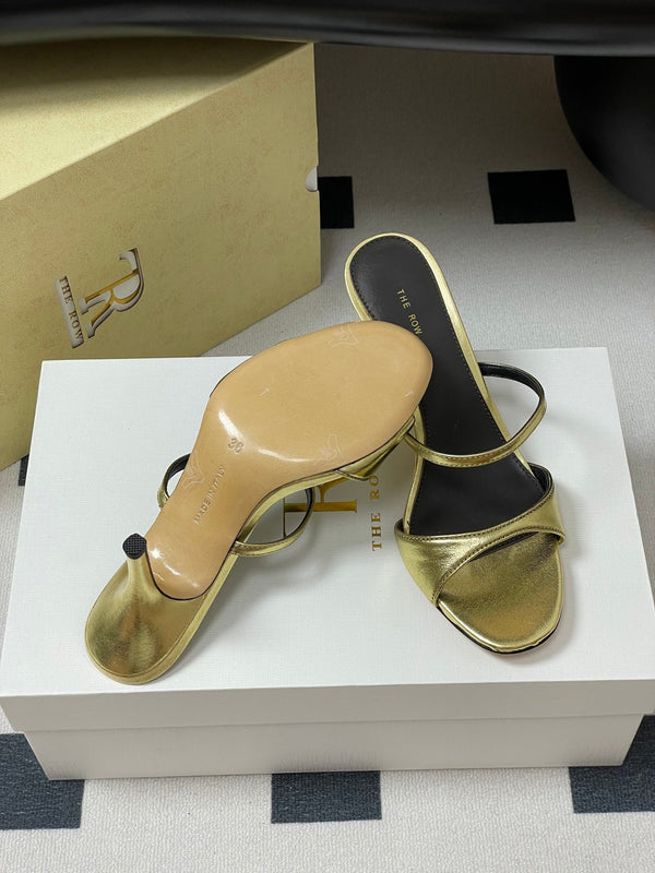 The Row 25S Strap High Heel Mule Sandals 85mm Black Mix Gold Metallic Cowhide 286210
