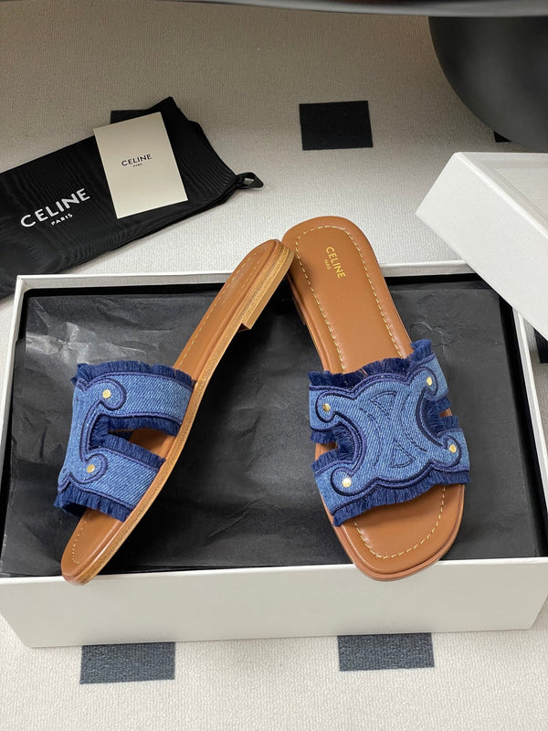 CL Marina Mule piatto con frange in denim blu 319736