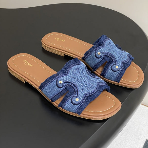 CL Marina Mule piatto con frange in denim blu 319736