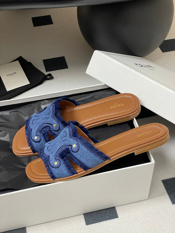 CL Marina Mule piatto con frange in denim blu 319736