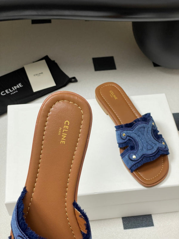 CL Marina Mule piatto con frange in denim blu 319736