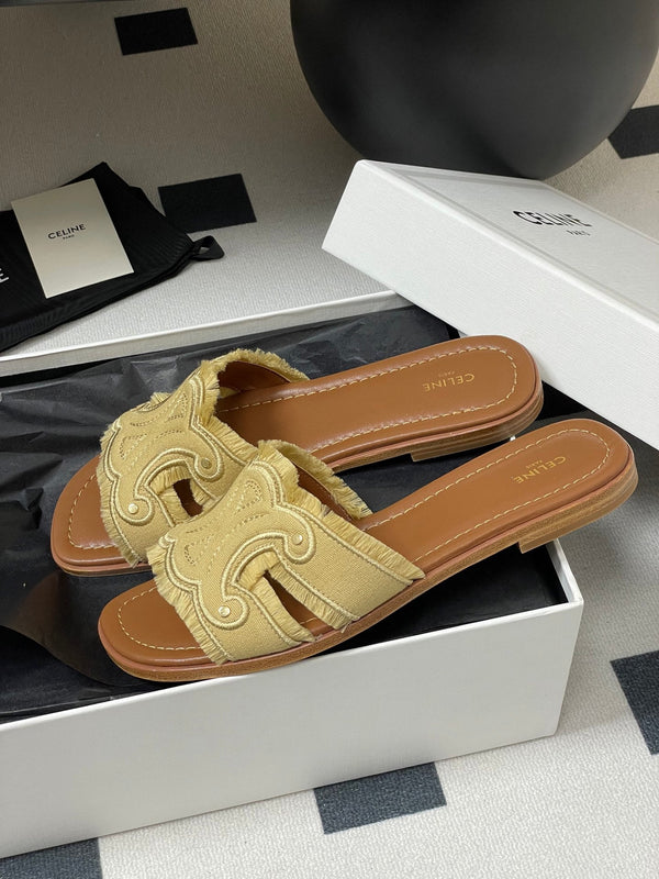 CL Marina Fringed Flat Mule In Caramel Denim 319735