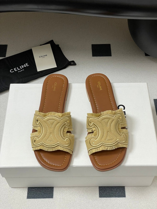 CL Marina Fringed Flat Mule In Caramel Denim 319735