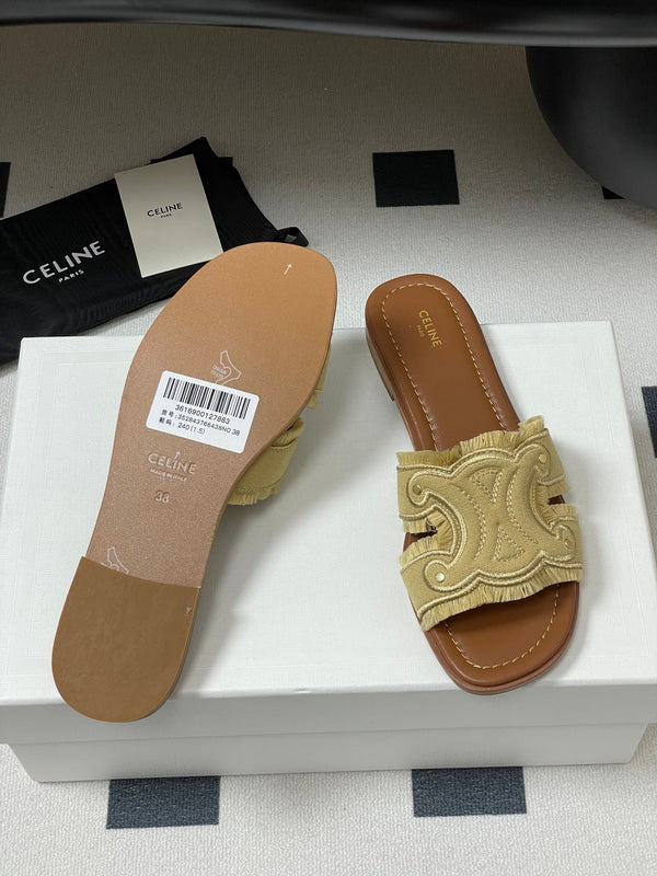 CL Marina Fringed Flat Mule In Caramel Denim 319735