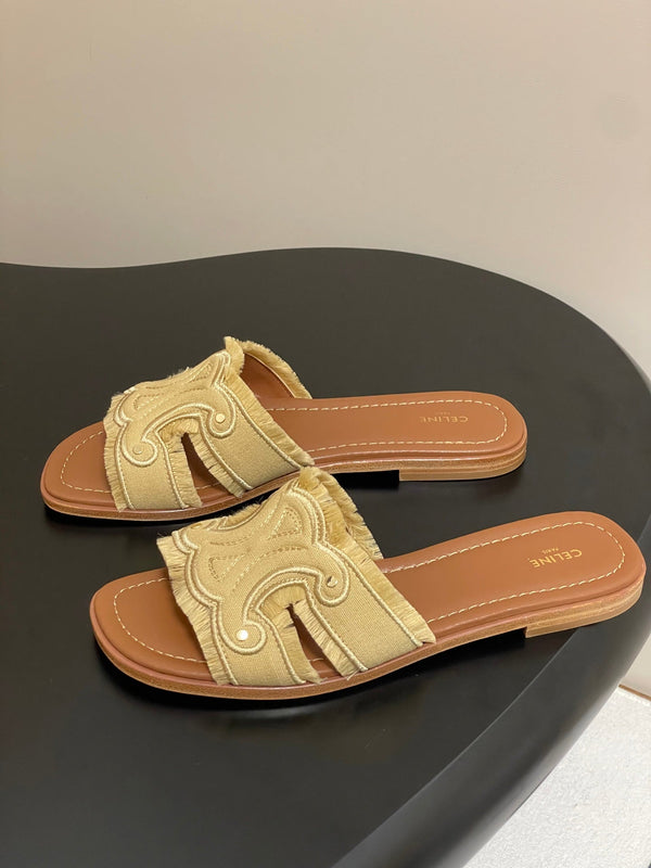 CL Marina Fringed Flat Mule In Caramel Denim 319735
