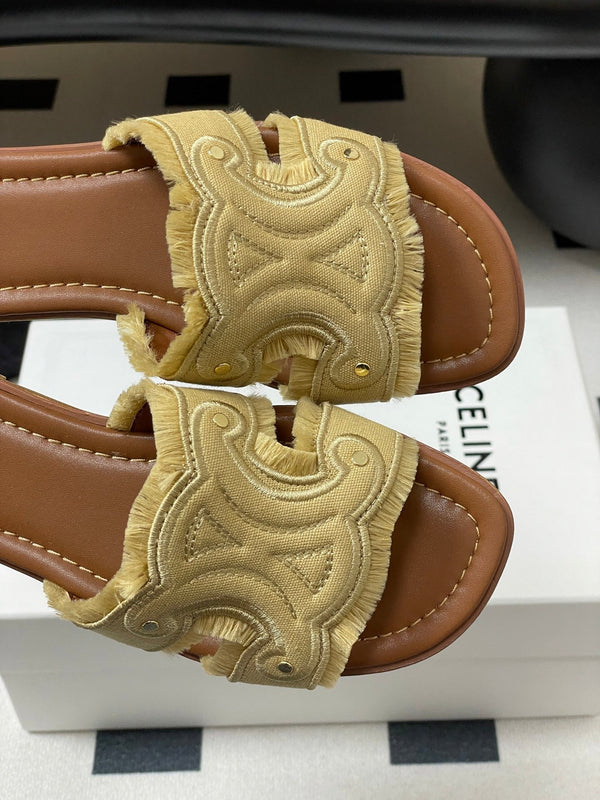 CL Marina Fringed Flat Mule In Caramel Denim 319735