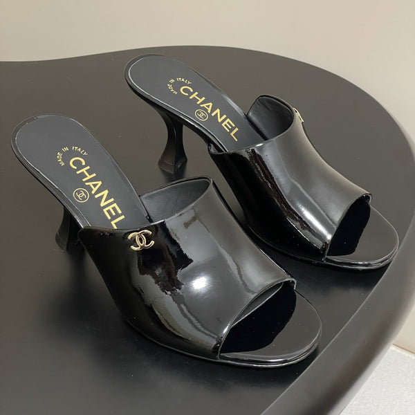 CC 26 Fish Mouth Honey High Heel Slippers 85mm Black Patent Leather 319760