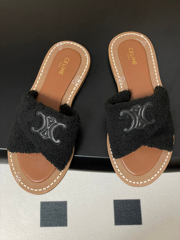 CL 25s Lympia Twisted Sandal Black Brown Sheepskin Plush Cloth 416658
