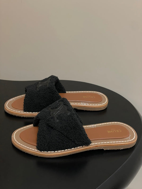 CL 25s Lympia Twisted Sandal Black Brown Sheepskin Plush Cloth 416658