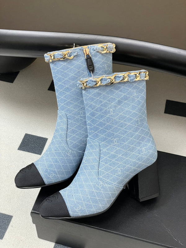 CC 25B Chain Short Boot 70mm Black Light Blue Denim 423146