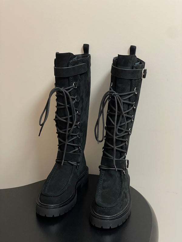 HM Lace Up Boots 25mm Belt Buckle Black Suede