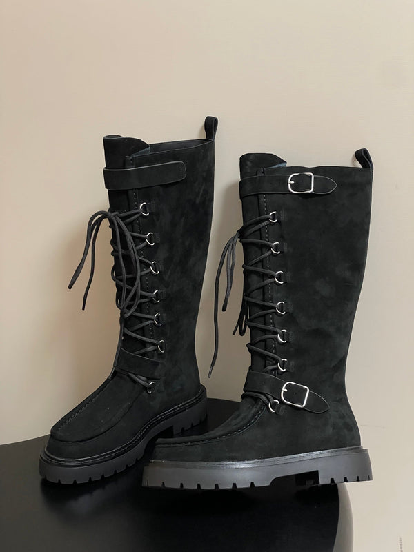 HM Lace Up Boots 25mm Belt Buckle Black Suede