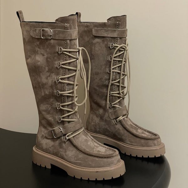HM Lace Up Boots 25mm Belt Buckle Taupe Suede