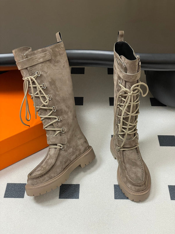 HM Lace Up Boots 25mm Belt Buckle Taupe Suede