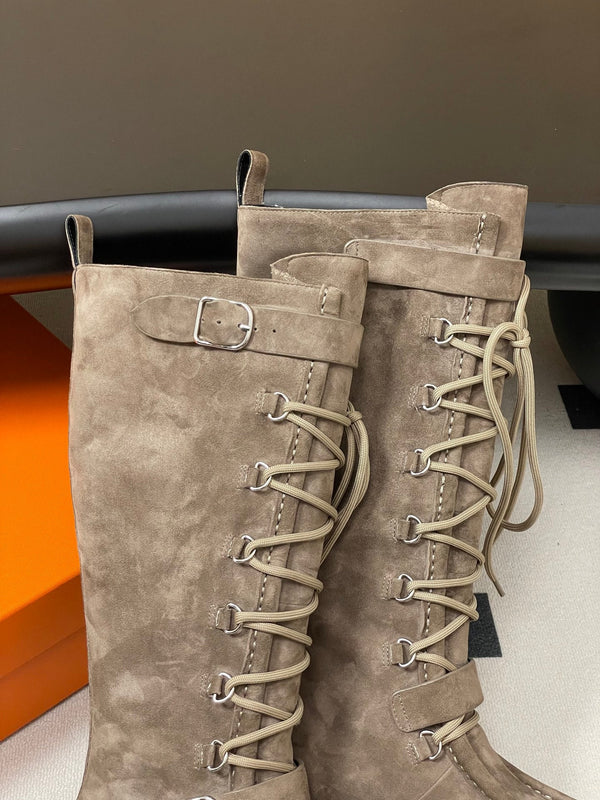 HM Lace Up Boots 25mm Belt Buckle Taupe Suede