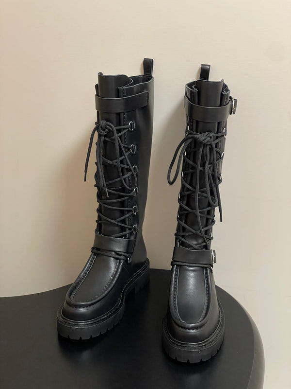 HM Lace Up Boots 25mm Belt Buckle Black Leather
