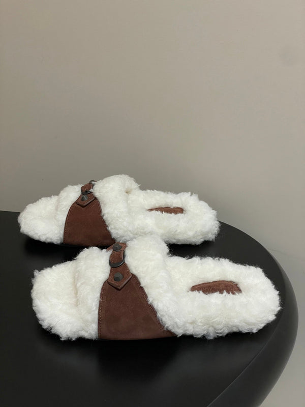 Balenciaga Classic Buckle Slippers White Red Brown Wool 535028