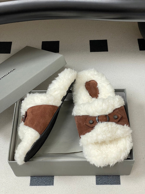 Balenciaga Classic Buckle Slippers White Red Brown Wool 535028