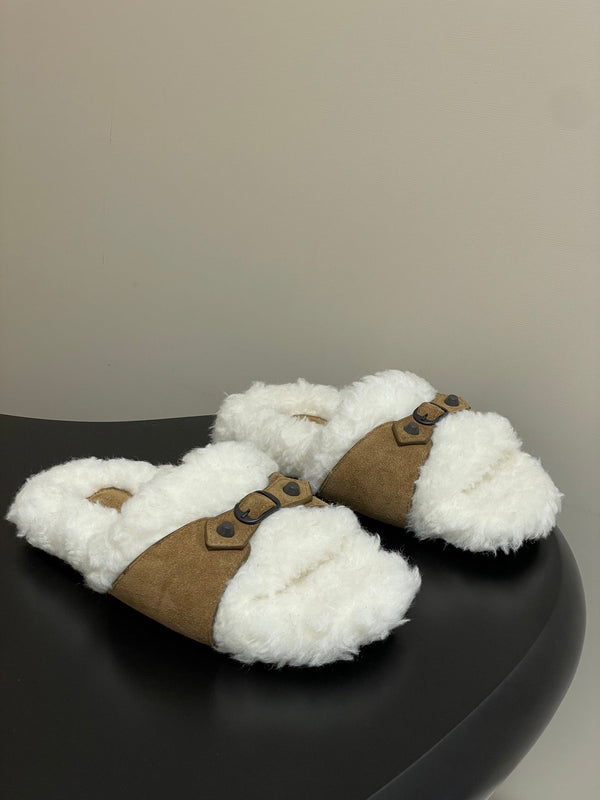 Balenciaga Classic Buckle Slippers White Brown Wool 535029