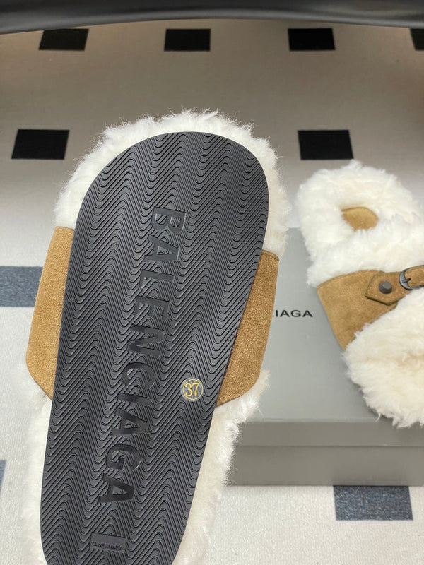 Balenciaga Classic Buckle Slippers White Brown Wool 535029