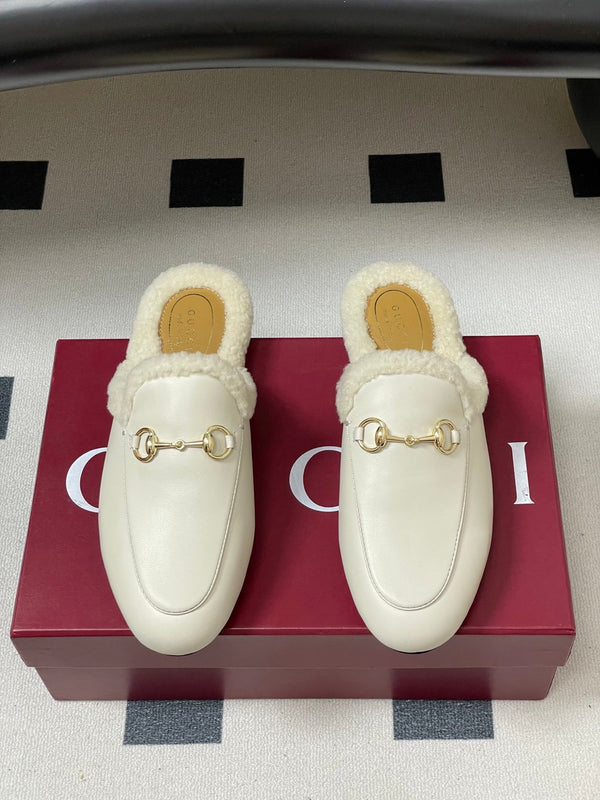 GG horsebit flat mules white cowhide 534712