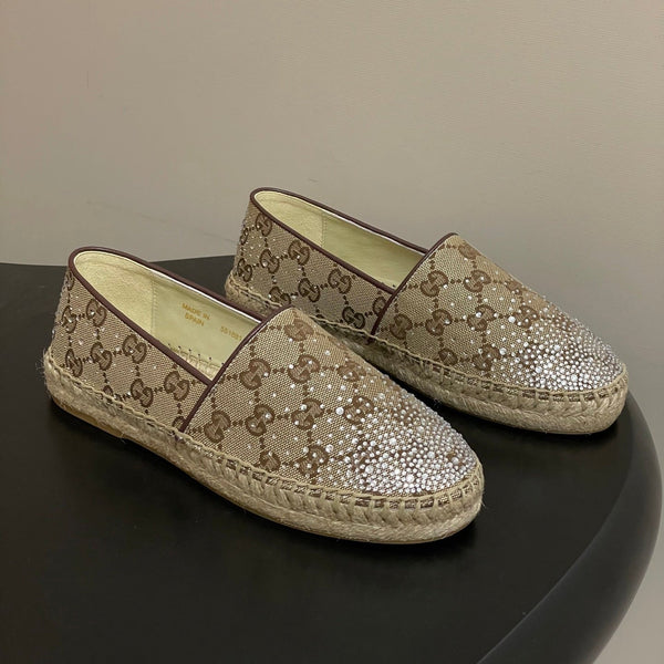 GG 26ss Mocassins sans lacets Strass Beige Marron Double G Toile 593500