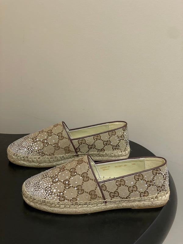 GG 26ss Mocassins sans lacets Strass Beige Marron Double G Toile 593500
