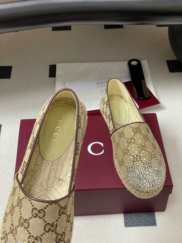 GG 26ss Mocassins sans lacets Strass Beige Marron Double G Toile 593500