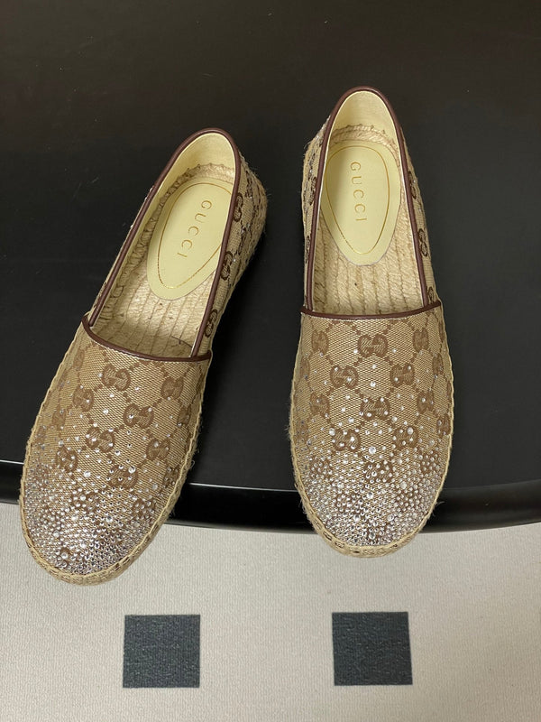GG 26ss Mocassins sans lacets Strass Beige Marron Double G Toile 593500