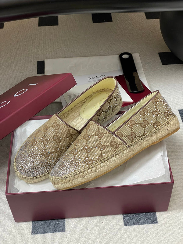 GG 26ss Mocassins sans lacets Strass Beige Marron Double G Toile 593500