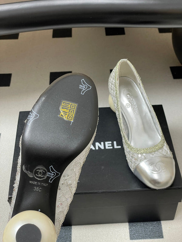 CC 26 Beaded Sequin Pump With Double C Pearl Heel Silver Mesh Leather 593160