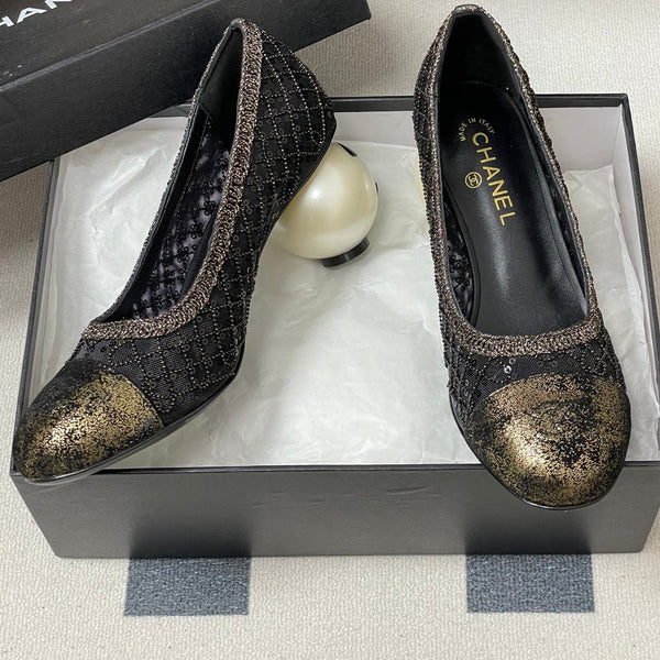 CC 26 Beaded Sequin Pump With Double C Pearl Heel Black Mesh Leather