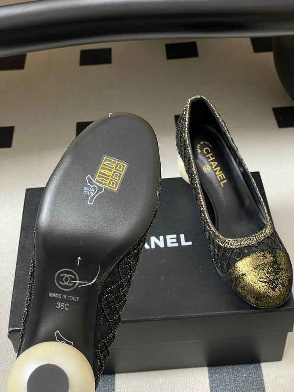 CC 26 Beaded Sequin Pump With Double C Pearl Heel Black Mesh Leather
