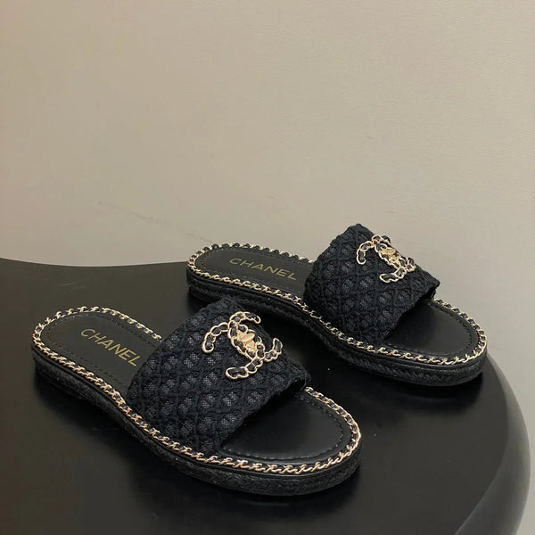 CC 26s Ballerines Plates Tissu Noir Or Peau de Mouton 649487