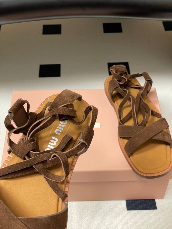 Miu Strappy Sandals Cocoa Brown Suede 834949