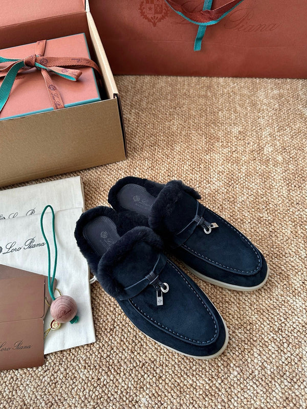 Loro Piana Charms Walk Flat Mules Deep Blue Suede Fur 623535