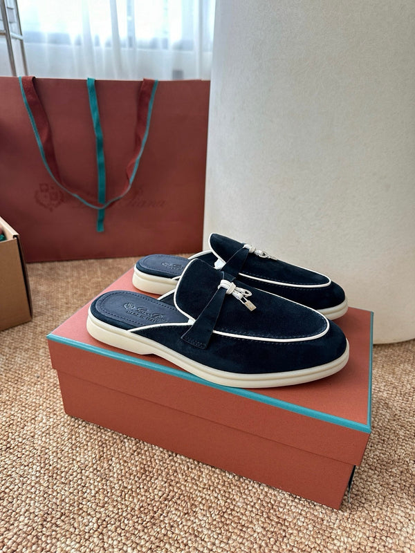 Loro Piana Charms Walk Flat Mules Deep Blue Suede 623550