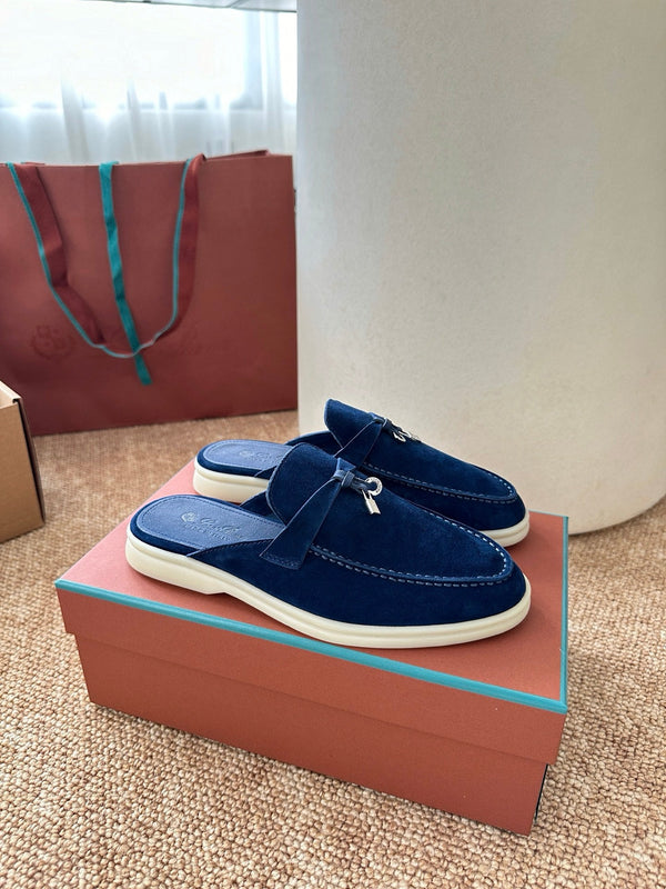 Loro Piana Charms Walk Flat Mules Dark blue Suede 623553