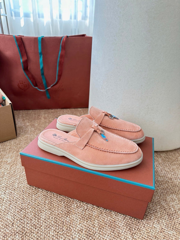 Loro Piana Charms Walk Flat Mules Himalayan Salt Suede 623554